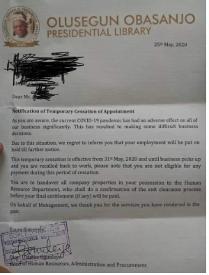 A copy of Obasanjo's letter to his workers (Pulse)