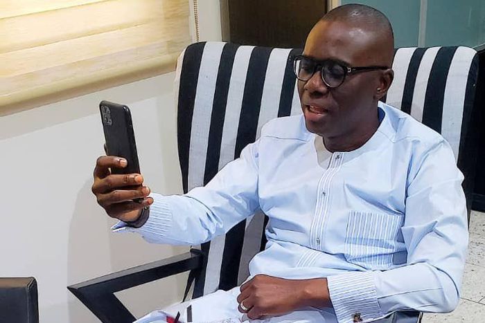 Lagos State Governor, Mr Babajide Sanwo-Olu, on video streaming while celebrating Easter with the medical workers at the Infectious Diseases Hospital (IDH), Yaba and the Onikan Isolation Centre, Lagos Island.