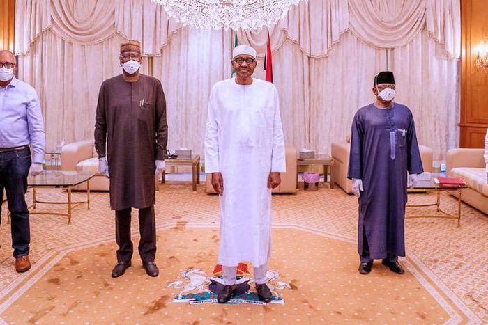 The Presidential Task Force on Control of COVID-19 led by Boss Mustapha (2nd from left) and Ehanire (2nd from right) briefed President Buhari on Friday, April 10, 2020 (Twitter @Mbuhari)