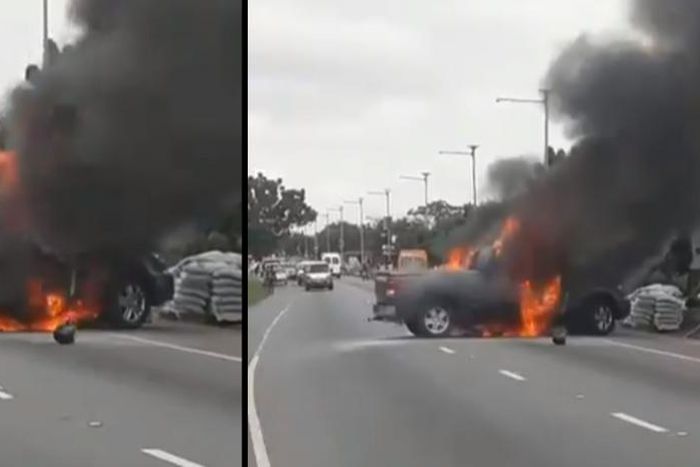 Video: Toyota Tundra catches fire after crashing with Okada on Legon Bypass