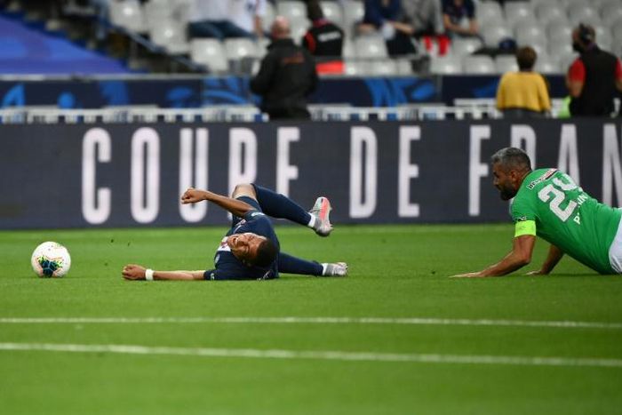 Mbappe after the tackle that left him with a serious ankle injury