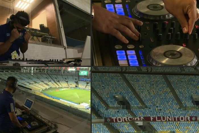 From the top of the stands of the Maracanã Stadium in Rio de Janeiro, DJ Franklin Scheleger turns a dial on his mixer and the voices of thousands of fans roar across the stadium