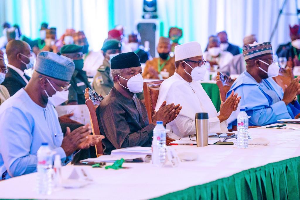President Muhammadu Buhari; Vice President Yemi Osinbajo; Senate President, Ahmad Lawan  and SGF Boss Mustapha at the 2-day Joint Executive-Legislative Leadership Retreat at the State House, Abuja on Monday, October 5, 2020. [Twitter/@NigeriaGov]