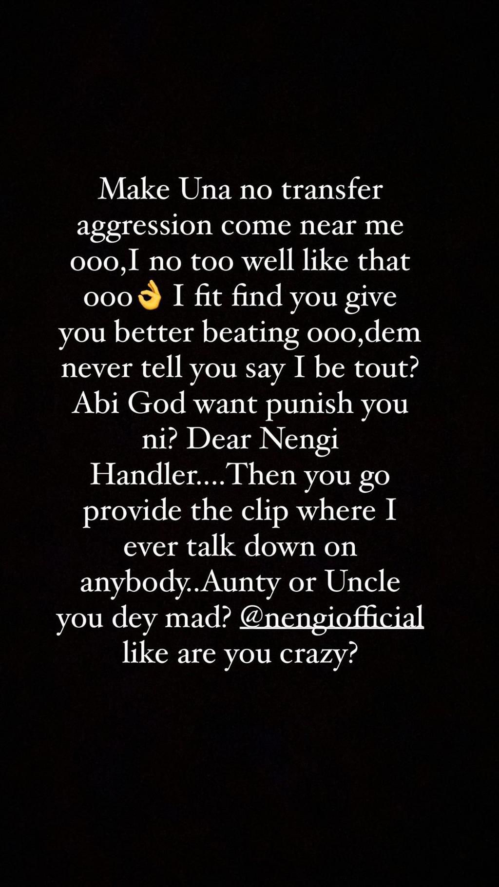 Nkechi Blessing threatened to beat up the handler of Nengi's Instagram page [Instagram/NkechiBlessingSunday]