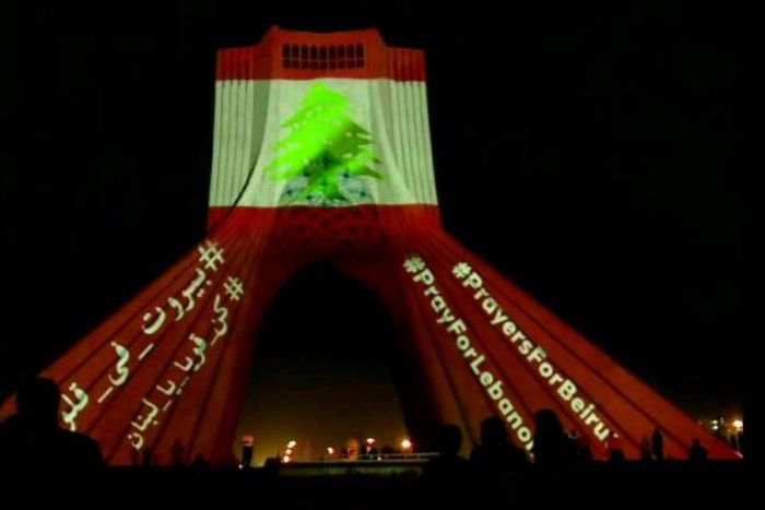 Iran's Azadi (Freedom) Tower is lit up with the Lebanese flag