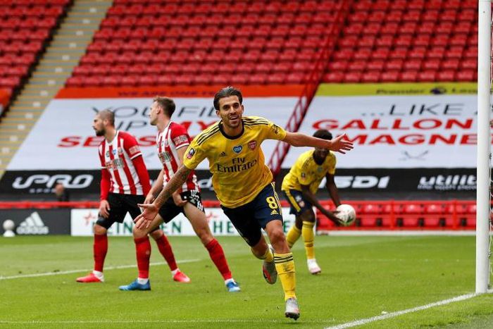 Arsenal midfielder Dani Ceballos celebrates the winner at Sheffield United