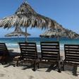 Empty sunbeds in the Cypriot resort town of Ayia Napa, where residents were permitted to swim again from Monday, but not to lounge on the beach