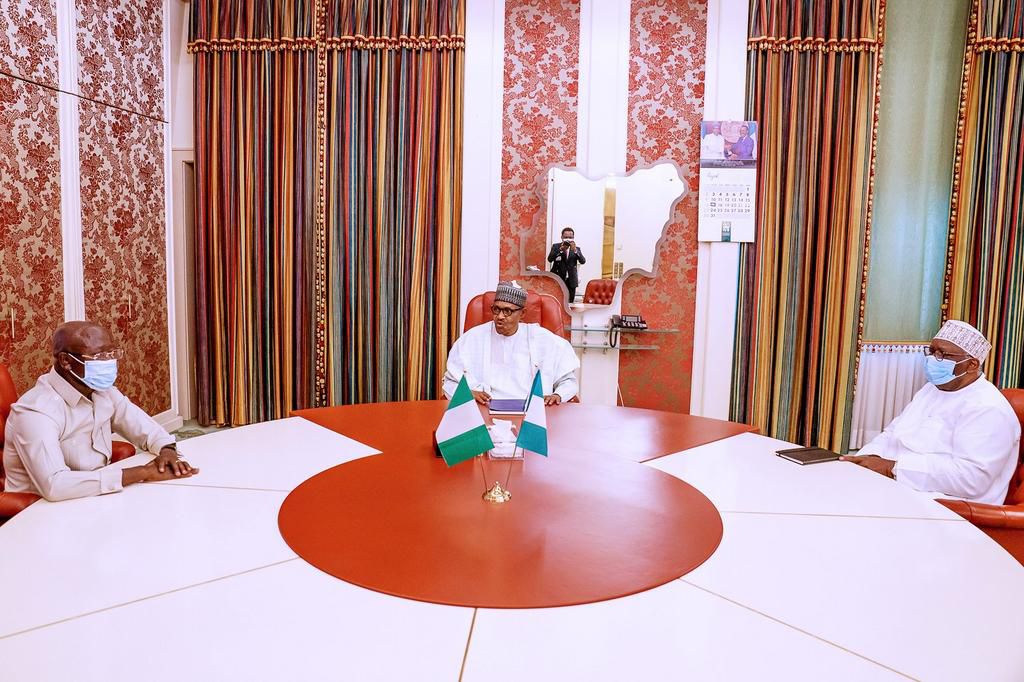 President Muhammadu Buhari receives the immediate past chairman of the All Progressives Congress (APC), Comrade Adams Oshiomhole at the Aso Rock Villa. [Twitter/@NigeriaGov]