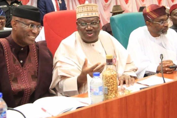 From left: Deputy President of the Senate, Ovie Omo-Agege, President of the Senate, Ahmad Lawan and Speaker of the House of Representatives, Hon. Femi Gbajabiamila. [Twitter/@FemiGbaja]