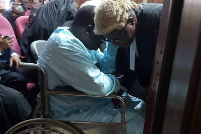 Abdulrasheed Maina, former Chairman, Pension Reform Task Team (PRTM) arrives court in wheelchair for bail application. [Twitter/@Newtelegraphng]