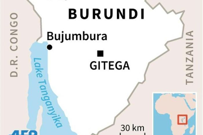 Map of Burundi, showing its capital Gitega and commercial hub Bujumbura