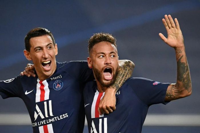 Angel Di Maria celebrates with Neymar after scoring PSG's second goal in their 3-0 win over RB Leipzig in Tuesday's Champions League semi-final in Lisbon