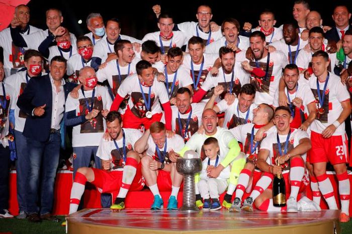 Red Star Belgrade players celebrate their Serbian league title on Saturday. Five players from the club have tested positive for coronavirus