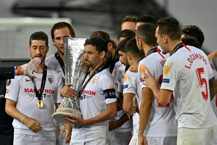 Dedication: Sevilla's Jesus Navas  holds the trophy