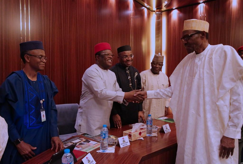 President Muhammadu Buhari in a meeting with a delegation of the Nigeria Governors' Forum (NGF)
