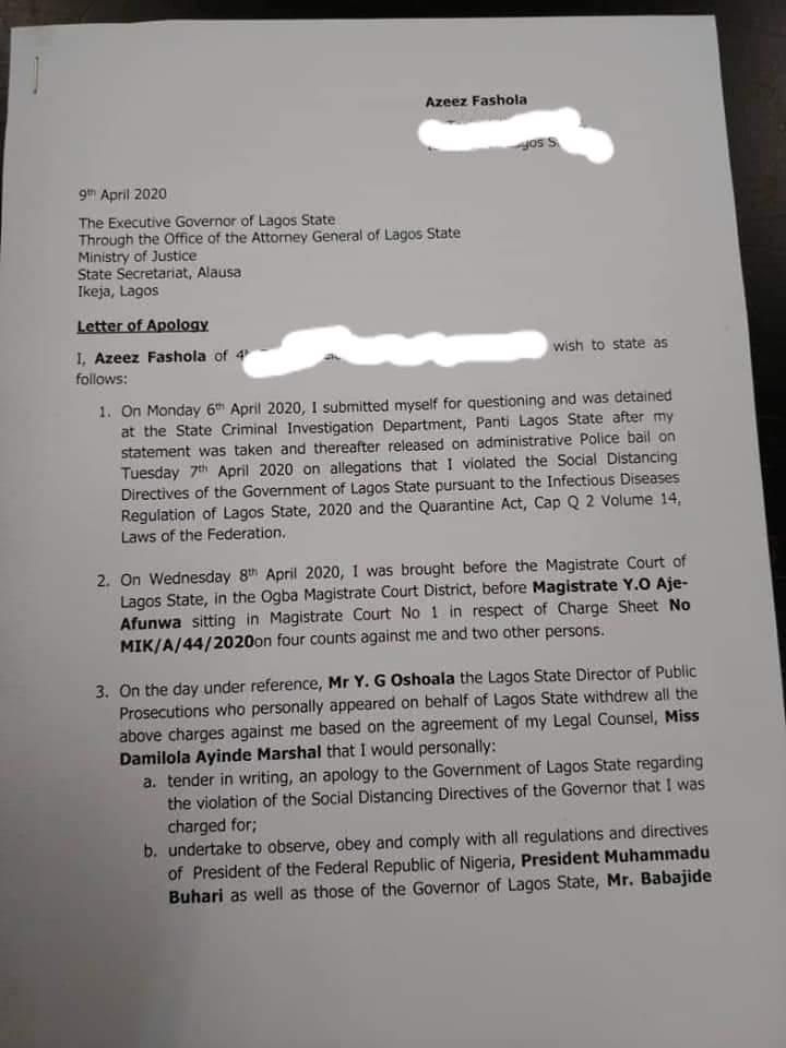 Naira Marley's apology letter to Lagos State Government  (Twitter/followlasg)