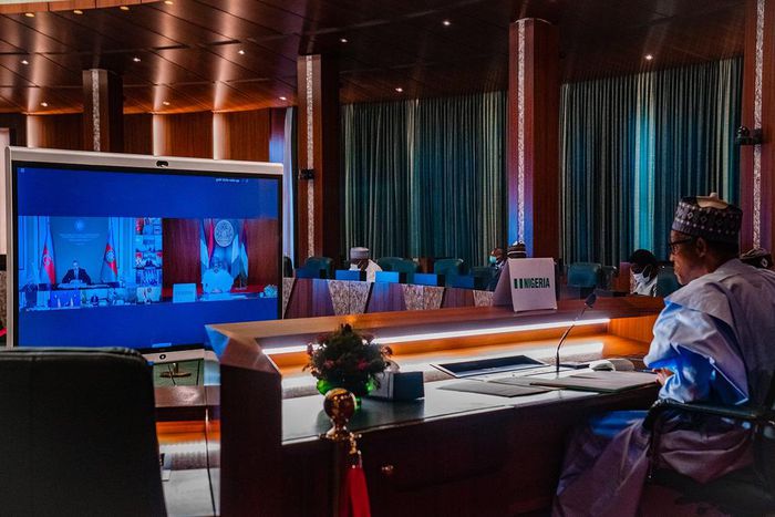 President Muhammadu Buhari during a virtual Summit of Heads of State and Government of the Non-Aligned Movement (NAM), on Monday, May 4, 2020 in Abuja. [Twitter/@BashirAhmaad]