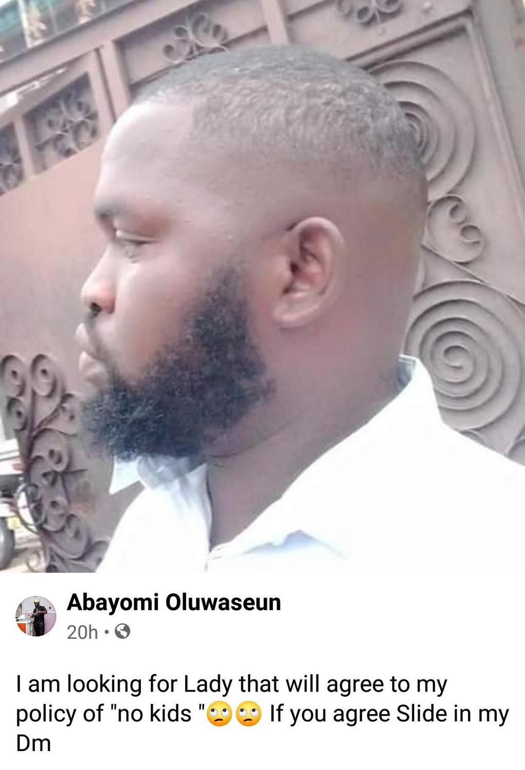 “I am looking for a lady that will agree to my policy of no kids” – Handsome man advertises