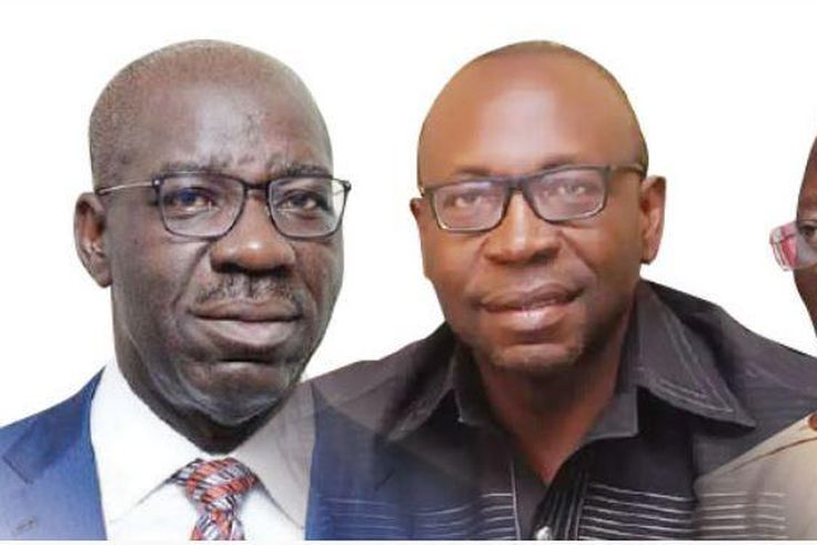 From Left: Political Actors in Edo State, Governor Godwin Obaseki, APC Governorship candidate, Pastor Osagie Ize-Iyamu and the former governor of the state, Adam Oshiomhole. (Punch)