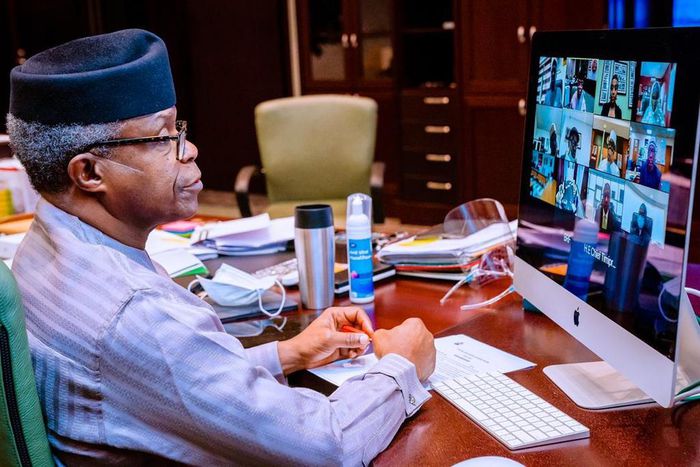 Vice President Yemi Osinbajo during a virtual meeting with members of the Economic Sustainability Committee (ESC). [Twitter/@ProfOsinbajo]
