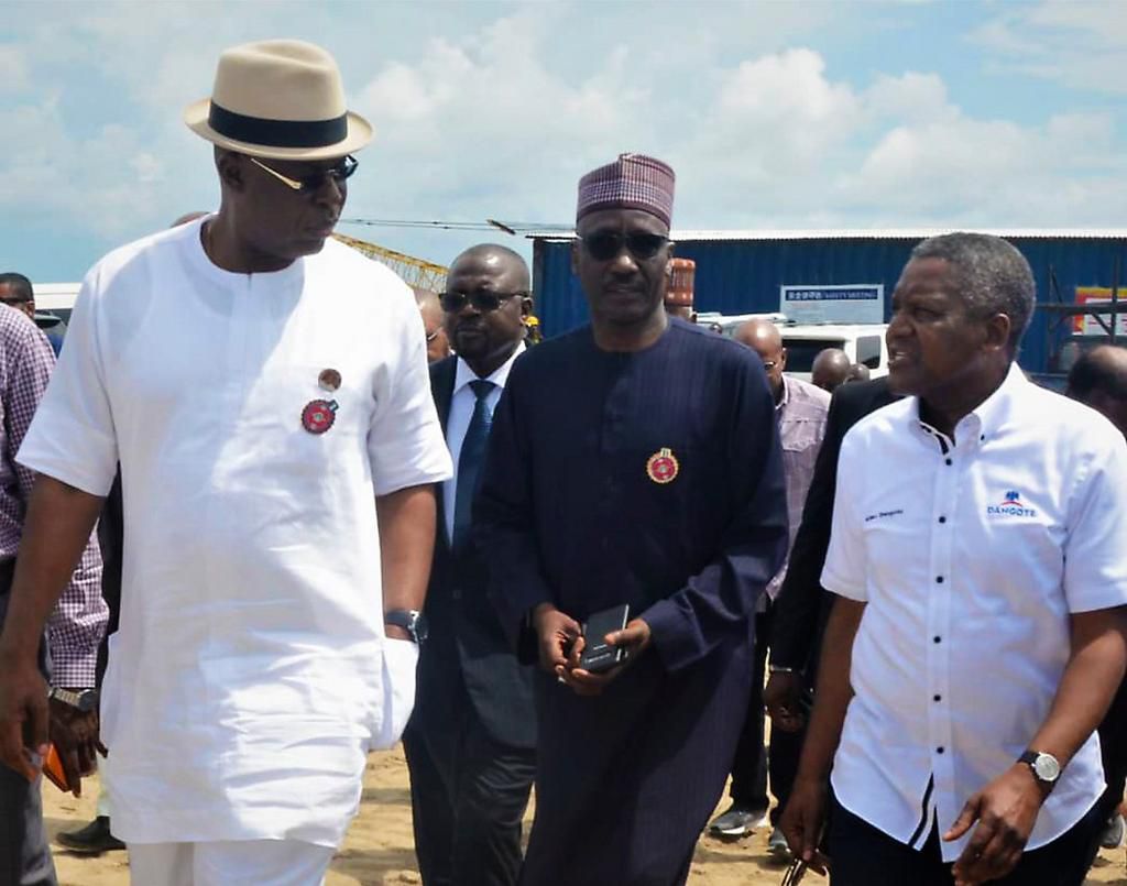 President of the Dangote Group, Mr Aliko Dangote, Minister of State for Petroleum Resources, Chief Timipre Sylva and Group Managing Director of NNPC, Malam Mele Kyari during the inspection tour of the Dangote Refinery facility. [Twitter/@NNPCgroup]