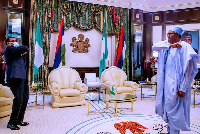 Embattled AfDB President, Akinwumi Adesina, meets President Muhammadu Buhari in Aso Villa. [Twitter/@BashirAhmaad]