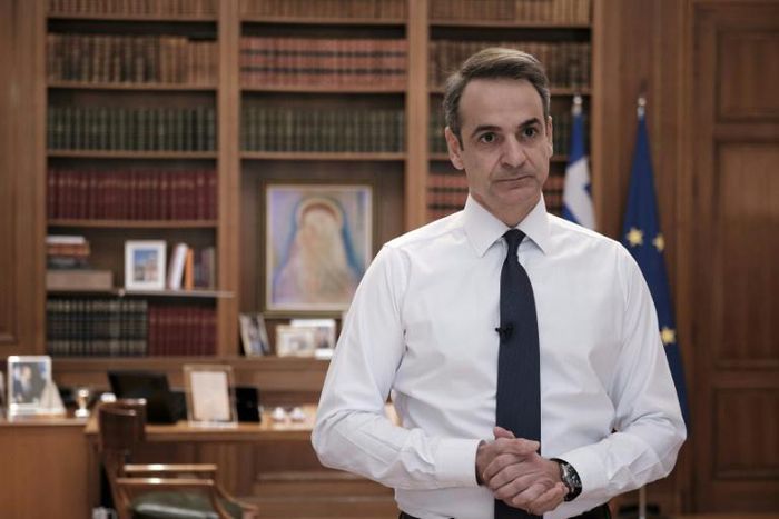 Greek Prime Minister Kyriakos Mitsotakis addresses the nation in March 2020 on the coronavirus pandemic