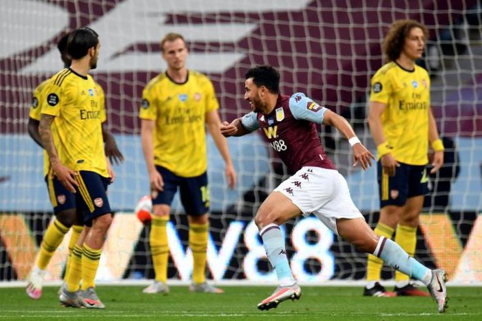 Aston Villa's Trezeguet celebrates scoring the winner against Arsenal