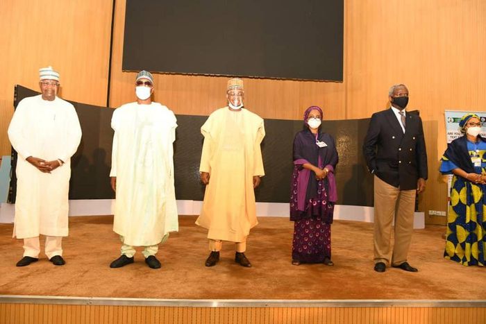 L-R: Prof. Umar Danbatta, Executive Vice Chairman, NCC; Dr. Isa Ali Ibrahim Pantami, Hon. Minister of Communications and Digital Economy; Babagana Zulum, Governor of Borno State and Chairman of the occasion; Zainab Shamsuna, Hon. Minister of Finance, B...