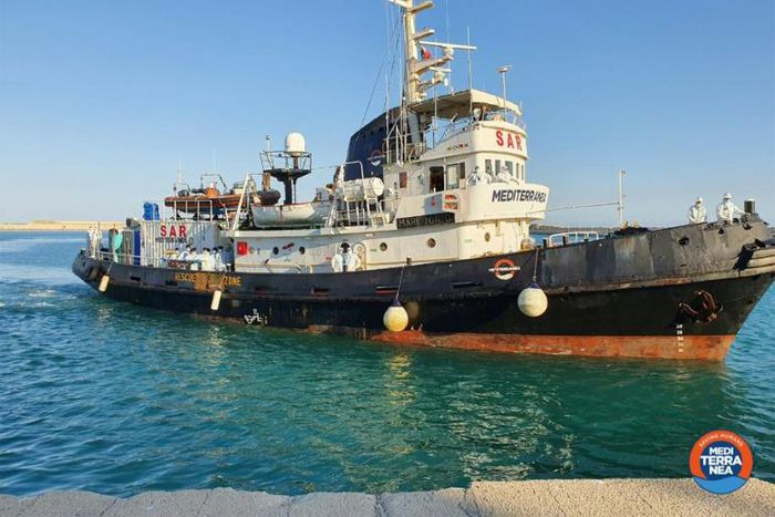 Charity group Mediterranea's Mare Jonio ship rescued 43 migrants on Wednesday, eight of whom tested positive for coronavirus