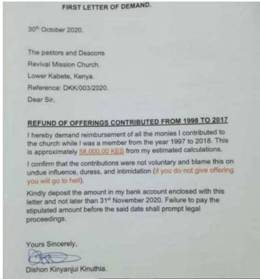 Christian man threatens church with legal action over offerings given from 1998 to 2017