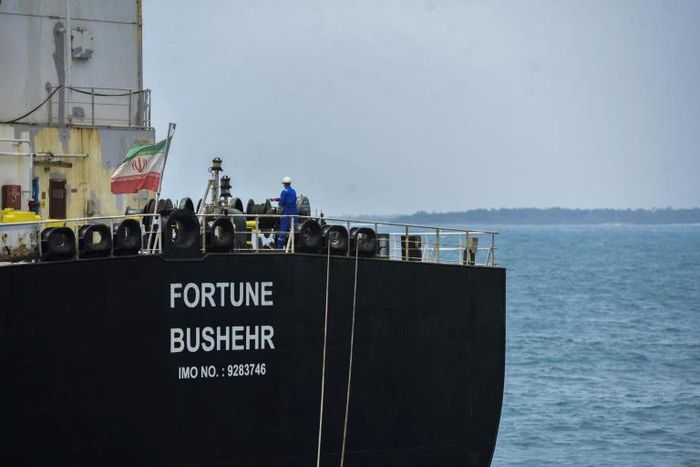 The Iranian-flagged oil tanker Fortune docks at a refinery after arriving in Puerto Cabello, Venezuela on May 25
