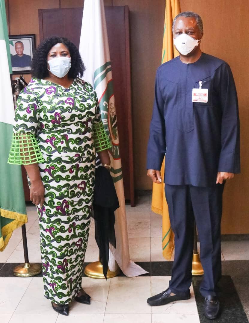 Ms Ms Iva Denoo, Charge d Affaires of Ghana to Nigeria, and Geoffrey Onyeama, Nigeria's Minister of Foreign Affairs, on Monday in Abuja. [Twitter/@GeoffreyOnyeama]