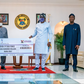 L-R: Managing Director, Nigerian Breweries Plc.,  Jordi Borrut Bel; Chairman, Nigerian Breweries Board of Directors, Chief Kola Jamodu; Lagos State Governor, Babajide Sanwo-Olu and the Deputy Governor, Obafemi Hamzat during the presentation of N100 Mil...