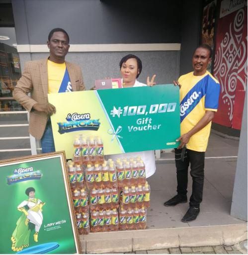 L-R: Regional Sales Manager, East 1, The La Casera Company, Morgan Ikhile, Lady Meta; Nurse Mary Ann Oluchi and Umuahia Sales Representative, Alex Ambrose at the gift presentation in Abia State.