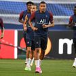 Kylian Mbappe seen with Neymar and their Paris Saint-Germain team-mates during training in Lisbon on Saturday, the day before they face Bayern Munich in the Champions League final