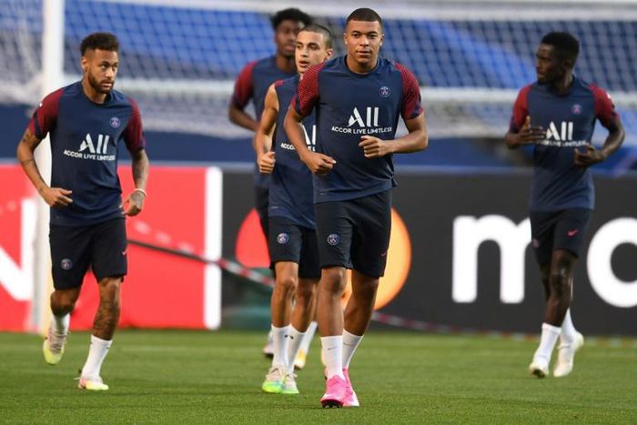 Kylian Mbappe seen with Neymar and their Paris Saint-Germain team-mates during training in Lisbon on Saturday, the day before they face Bayern Munich in the Champions League final