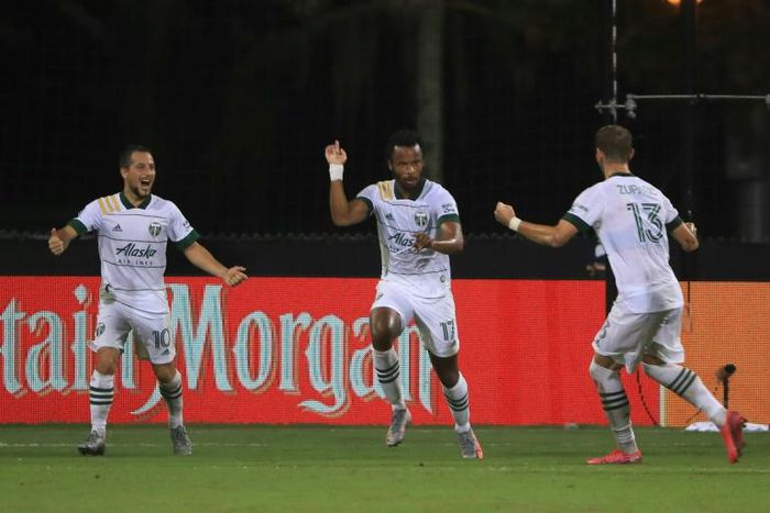 Jeremy Ebobisse celebrates the equaliser in Portland's 2-2 draw with Los Angeles FC in the MLS restart tournament in Orlando