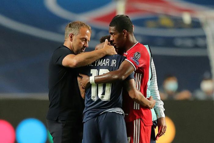 Bayern Munich coach Hans-Dieter Flick (L) and defender David Alaba (R) console Paris Saint-Germain star Neymar after the German club won the Champions League final in August