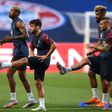 Marco Verratti (furthest right) took part in Paris Saint-Germain's training session at the Estadio da Luz in Lisbon on Saturday ahead of the Champions League final against Bayern Munich