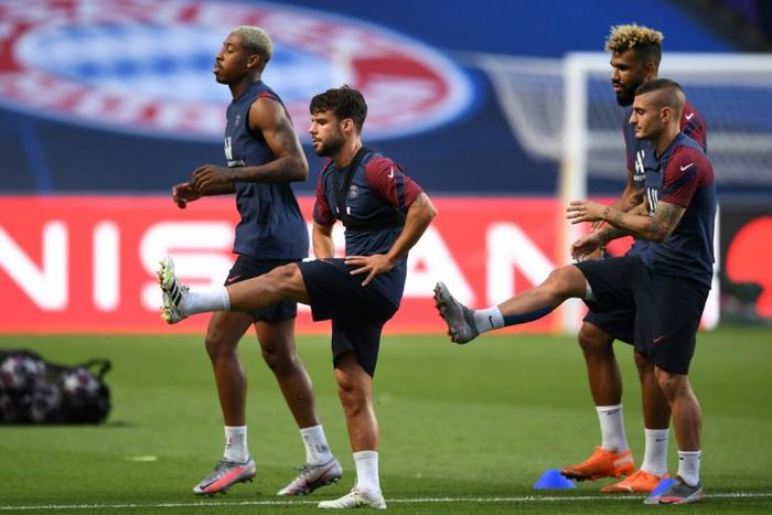 Marco Verratti (furthest right) took part in Paris Saint-Germain's training session at the Estadio da Luz in Lisbon on Saturday ahead of the Champions League final against Bayern Munich