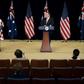 US Secretary of State Mike Pompeo listens while Australia's Foreign Minister Marise Payne speaks during a press conference