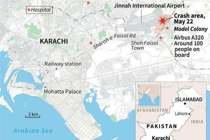 Close-up map of Karachi in Pakistan locating the crash area of a plane carrying around 100 people on Friday.