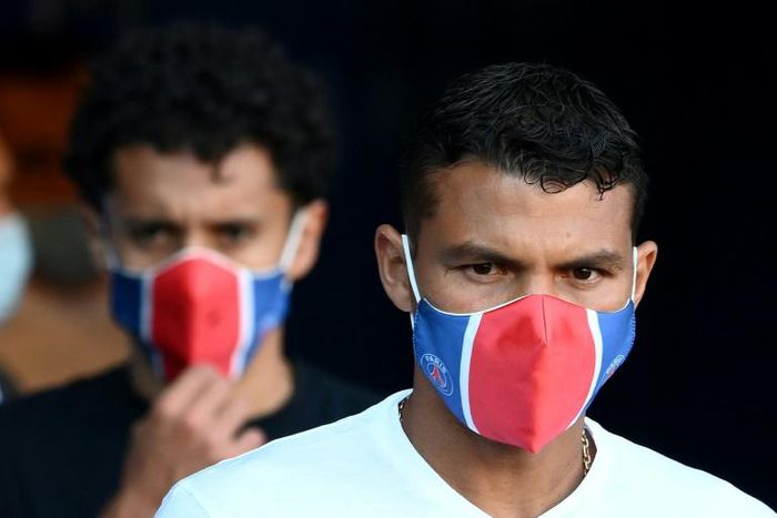 A masked Thiago Silva at Paris Saint-Germain's friendly against Sochaux at the Parc des Princes this week