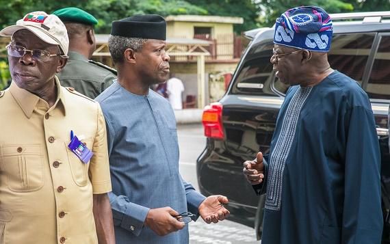 APC National Chairman, Comrade Adams Oshiomhole; Vice President Yemi Osinbajo and APC National Leader, Bola Ahmed Tinubu. [PM News]
