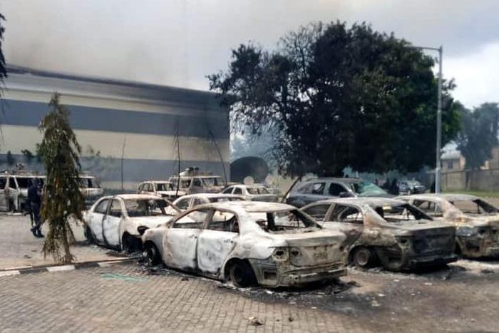 Television Continental head office in the Ketu area of Lagos was burnt down by angry mob on Wednesday, October 21, 2020. (Premium Times)