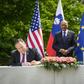 US Secretary of State Mike Pompeo (left) and Slovenian Foreign Minister Anze Logar (right), sign declaration to bar "untrusted" companies -- an apparent reference to Chinese telecoms giant Huawei -- from 5G systems
