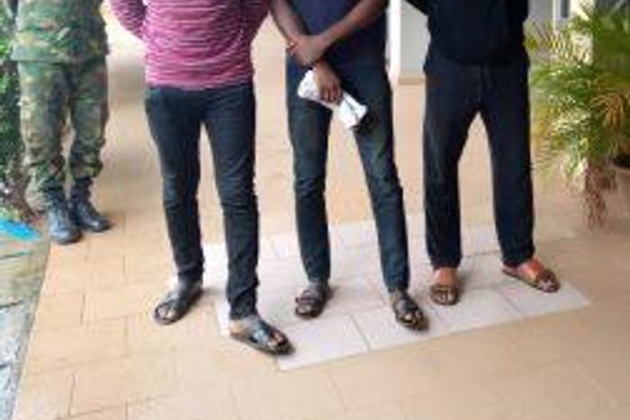 The three suspects allegedly involved in the accident that led to the death of Flying Officer Tolulope Arotile, handed over to the Kaduna State Police Command by the Nigeria Air Force on Friday in Kaduna. [NAN]
