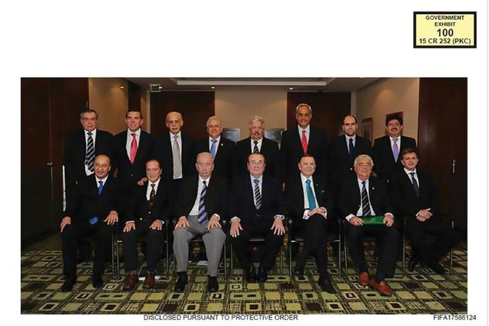 A $150 million bribery scandal rocked the football world in 2015 with the arrests of dozens of soccer executives -- many of them Latin American; Sergio Jadue is second from right in the back row in this 2012 pic of the Conmebol executive committee