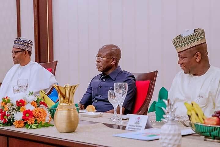 From left: President Muhammadu Buhari, APC National Chairman, Comrade Adams Oshiomhole and former Zamfara state Governor, Abdulaziz Yari.